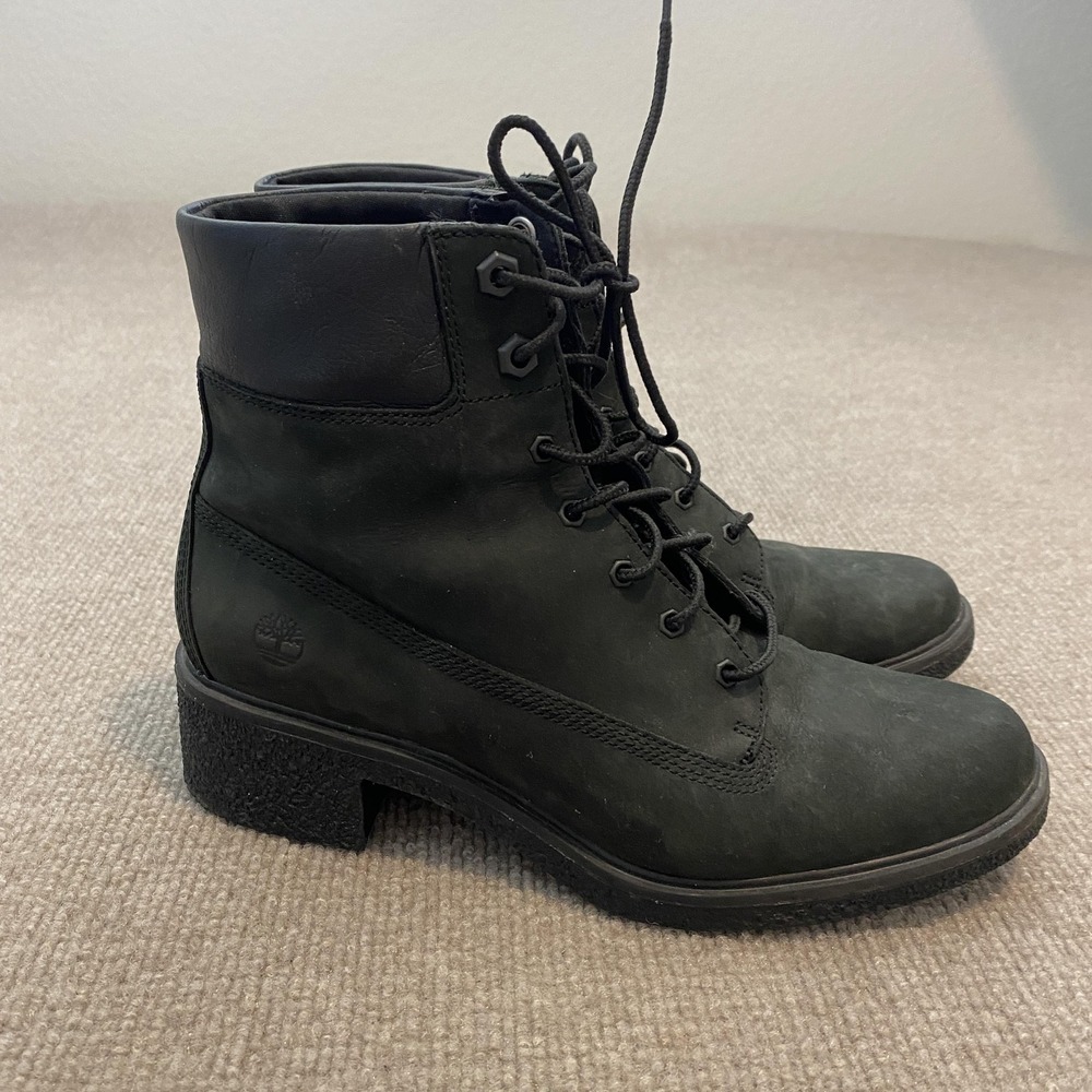 Timberland Boots Womens Size 7.5 Black Nubuck Ankle Combat Lace‎ Up A1JXI